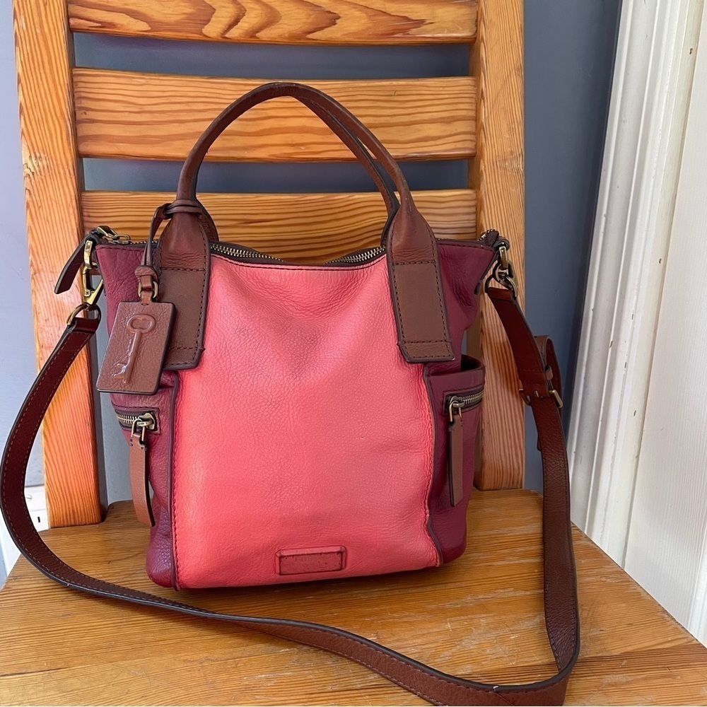 Fossil Emerson Pink and Brown Leather Satchel Convertible Bag Purse